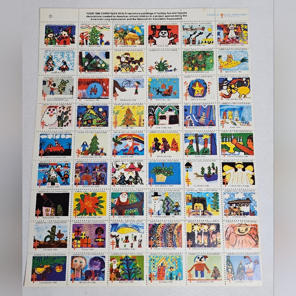 Vtg American Lung Association Christmas Seals Childrens Art 1980 Sheet 54 Stamps